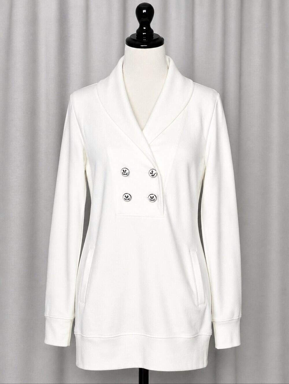 Nautica Anchors Away Double Breasted Anchor Buttons V-Neck Long White Sweatshirt